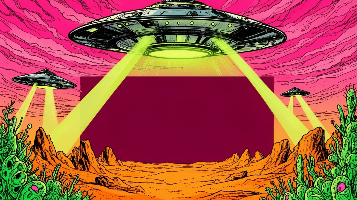 A glowing flying saucer above a strange pink landscape, illustrated in a bold comic-poster style
