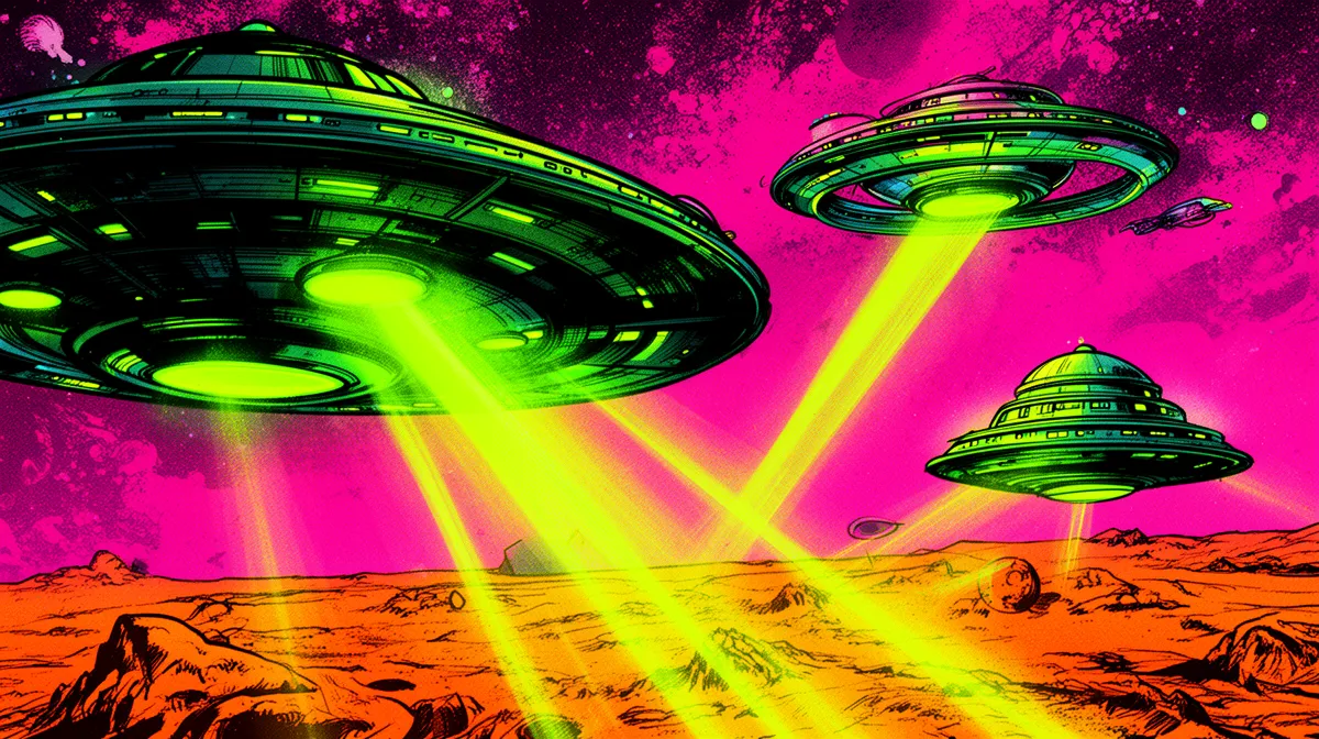 An illustrated fleet of wildly different flying saucers with luminous lime and orange lights