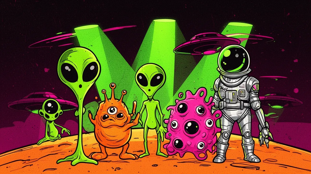 A playful illustrated gathering of strange alien visitors in pink, orange and acid green